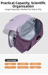 Internal view of purple casual backpack showing spacious main compartment and pockets