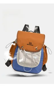 Detail view of lightweight nylon backpack with multi-color splicing and metal snaps