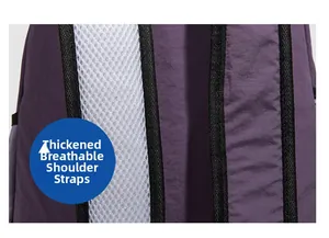 Detail showing thickened breathable honeycomb mesh shoulder straps on the purple backpack