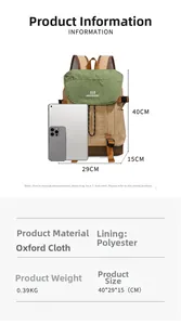 Spécifications de taille du sac à dos en tissu Oxford kaki et vert avec des appareils mobiles