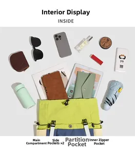 Detail showing high-capacity interior of nylon backpack with organized storage compartments