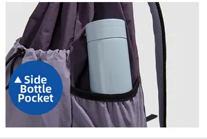 Detail view of the breathable mesh strap and elastic side pocket for water bottles