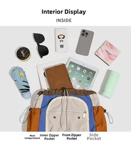 Detailed inside view of the retro backpack showing large capacity and multiple pockets