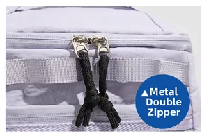 Detail view of durable metal double zippers on water resistant nylon backpack