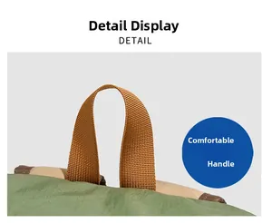 Vue détaillée de la poignée supérieure tissée et du tissu kaki du sac à dos de loisirs