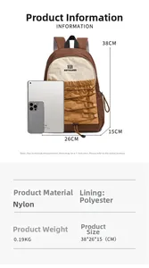 Detailed view of bicolor nylon backpack specifications and dimensions with iPad for scale