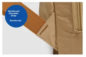 Détail des coutures renforcées de la bandoulière sur un sac à dos en nylon kaki