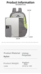 Comparaison de taille détaillée du sac à dos en nylon gris et vert avec iPad et téléphone