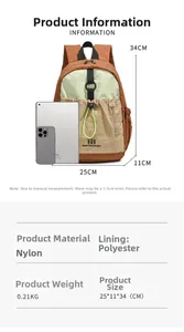 Detail view of water-resistant nylon backpack with 25x11x34cm size scale for iPad