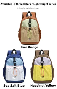 Detailed view of lightweight nylon backpacks in Lime Orange, Sea Salt Blue, and Hazelnut Yellow