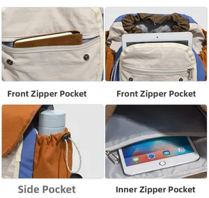 Detailed views of multi-pocket vintage backpack with water-resistant nylon texture