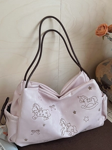 Large Capacity Women Pink PU Leather Tote Bag Sweet Embroidered Rocking Horse Star Bow Pattern Shoulder Underarm Handbag