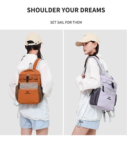 Detail view of water-resistant lightweight outdoor backpack with mesh storage pockets