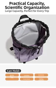 Detail of purple camping backpack showing spacious interior with grey lining and inner pocket