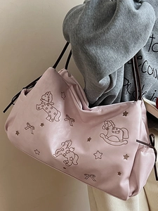 Pink tote bag with rocking horse embroidery and adjustable dark brown straps