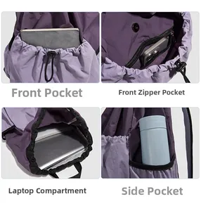Detail view of purple drawstring backpack showing laptop compartment and pockets