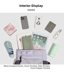 Detailed interior view of the light purple backpack showing multiple storage compartments