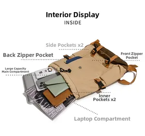 Vue détaillée de l'intérieur d'un grand sac à dos en toile kaki avec laptop et poches