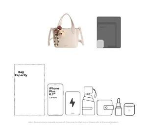 Size comparison of light beige pebbled PU tote bag showing capacity for daily essentials