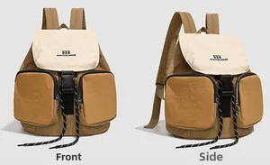 Dual view of a khaki and cream waterproof backpack featuring buckle flap and front pockets