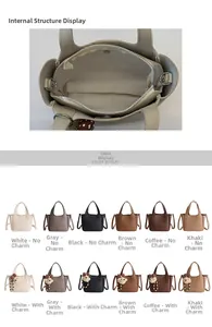 Close-up of litchi grain leather bucket bag showing internal pockets and multi-color options