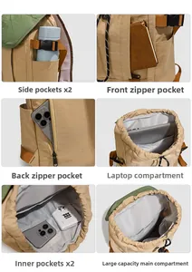 Détails de l'intérieur du sac à dos en nylon kaki avec compartiments et poches de rangement