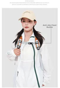 Close-up of adjustable non-slip chest buckle on water-resistant hiking backpack