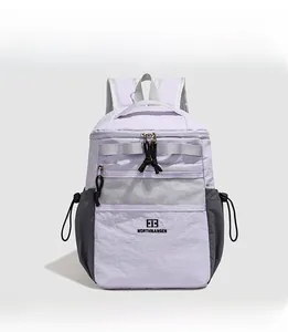 Close-up of lightweight water-resistant lavender backpack with ripstop nylon texture
