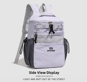 Side view of lightweight water-resistant backpack showing mesh pockets and durable straps