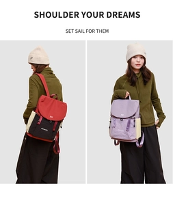 Detail of color-block nylon backpack featuring drawstring flap and adjustable buckle