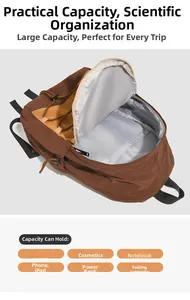 Top view of open dual-color backpack showing spacious interior for storage and organization