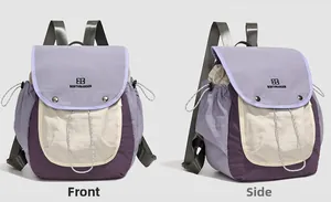 Front and side view of the tricolor vintage backpack with flap and drawstring closure
