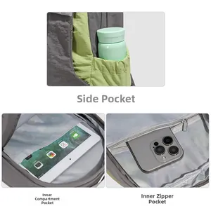 Détails d'un sac à dos en nylon imperméable montrant la poche latérale et les compartiments