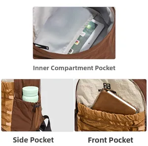 Detail view of the backpack showing laptop compartment, side pocket and front drawstring pocket