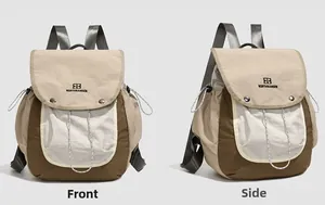 Detailed front and side views of color-block college style backpack with magnetic flap