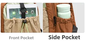 Detail of water-resistant nylon backpack showing front drawstring pocket and elastic side pocket