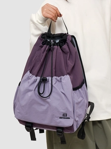 Outdoor drawstring camping backpack in purple color blocking with adjustable straps