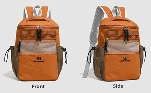 Front and side views of orange and brown water-resistant lightweight hiking backpack
