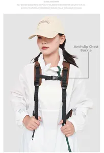 Detail view of adjustable anti-slip chest buckle and nylon straps on a hiking backpack