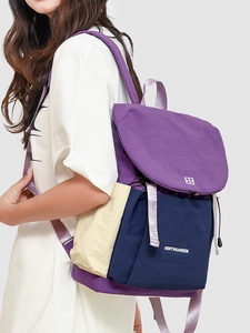 Minimalist purple and navy blue patchwork drawstring travel backpack for women