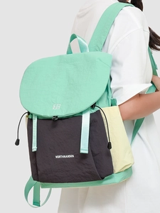 Three-color drawstring backpack in mint green, black and beige with nylon texture