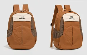 Vues de face et de côté d'un sac à dos de voyage marron bicolore avec poches latérales