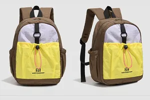 Front and side view of contrast color nylon backpack with drawstring pocket and mesh sides