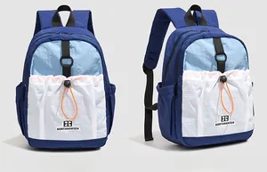 Close-up of functional contrast-color backpack with mesh pockets and toggle drawstrings