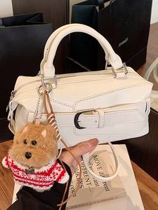 Vintage PU Leather Boston Bag For Women Minimalist Patchwork Handbag With Belt Buckle Crossbody Shoulder Bag With Plush Pendant