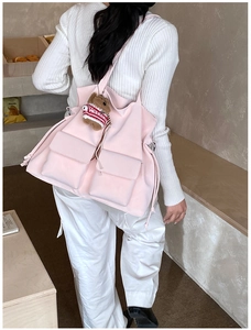 Pink large-capacity shoulder tote bag with utility pockets and a cute bear keychain charm