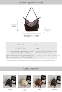 Detailed size specifications and color options for the large pleated PU leather tote bag