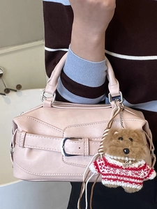 Vintage light pink boston handbag with metal buckle and cute bear charm for women