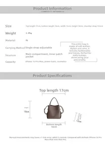 Detailed size specifications and interior capacity for the stylish brown bucket handbag