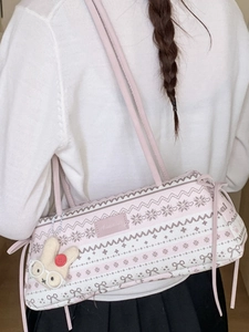 Sac cylindre vintage rose avec motif flocon de neige et pendentif lapin mignon